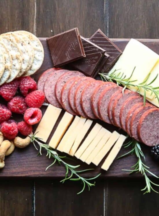 A cheese board on a long platter