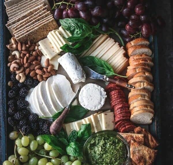 A cheese board featuring spreads