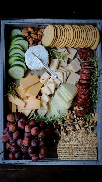 A wide shot of the cheese board